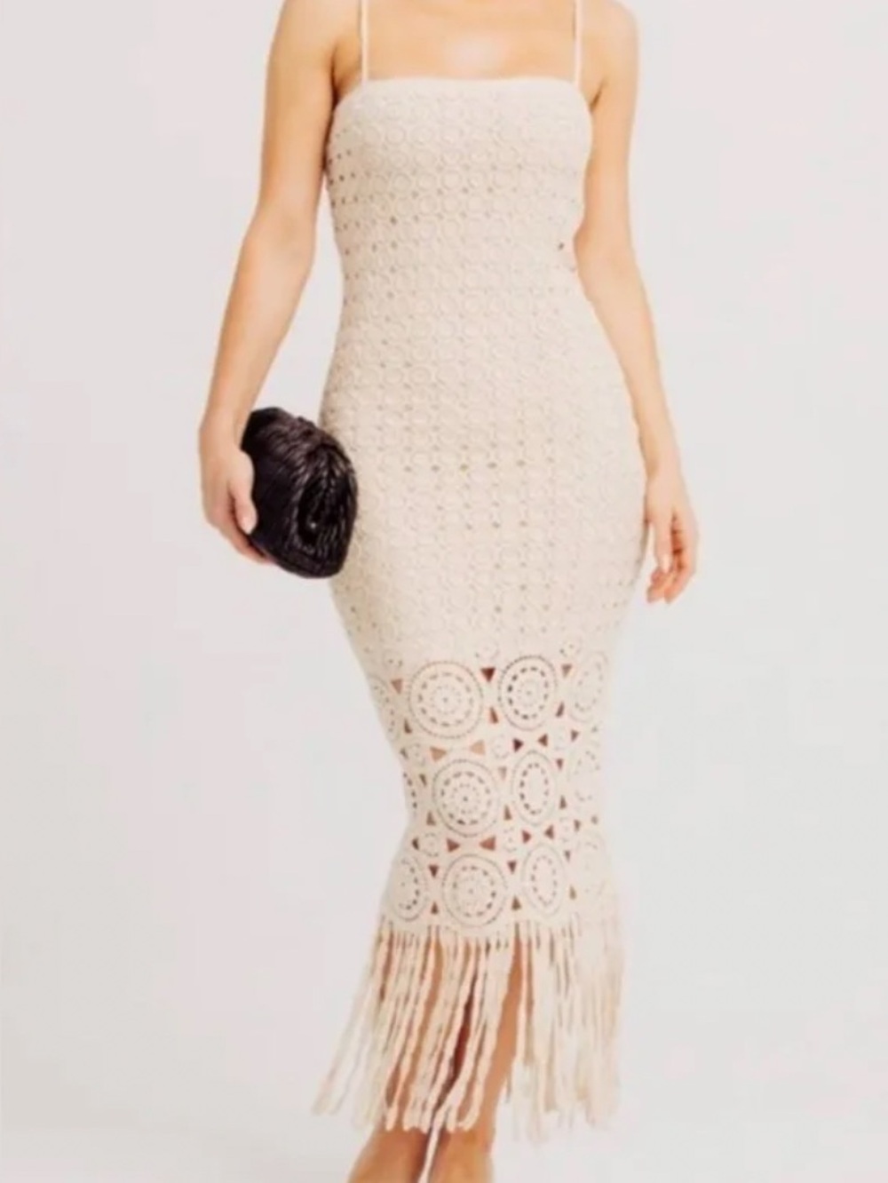 Ronny Kobo Crochet Fringe Maxi Dress in Cream